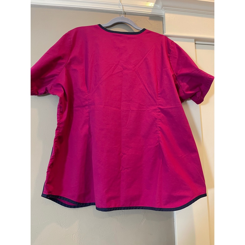 Butter-Soft Stretch Womens Scrub Top Pink Navy Trim V-Neck 2X Medical Uniform - Picture 3 of 12